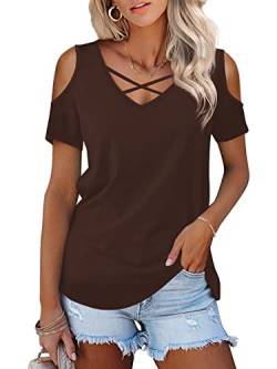 Florboom Tshirt Damen Kurzarm Longshirt V Ausschnitt Bluse Sommer Cold Shoulder Top, Braun L von Florboom