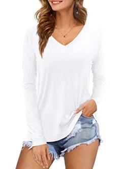 Florboom Tshirt Damen Oberteil Locker V-Ausschnitt Shirt Langarm Tops Elegant Bluse Weiß M von Florboom