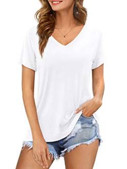 Florboom Tshirt Damen Sommer Oberteil Locker V-Ausschnitt Shirt Kurzarm Tops Elegant Bluse Weiß XL von Florboom
