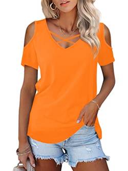 Florboom Tunika Damen Kurzarm Sommer Shirt Schnürung Top Solid Cold Shoulder Oberteil, Orange S von Florboom