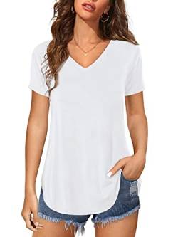 Florboom Weißes T-Shirt Damen Locker Oberteil Kurzarm V Ausschnitt Top Sommer Shirts, Weiß L von Florboom