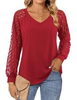Florboom t-Shirt Damen V-Ausschnitt Lose Longshirt Bluse Einfarbig Tunika, Rot 2XL von Florboom