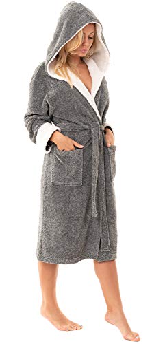 Damen Bademantel aus weichem Fleece mit Kapuze Gr. 38, Grau / Cremefarben von Florentina