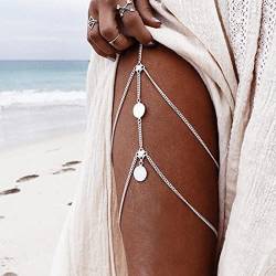 Flovel Boho geschichtete Körperkette Silbermünze Anhänger Oberschenkelketten elastische Beinkette Rave Beinschmuck für Frauen Mädchen von Flovel