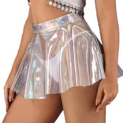 Flovel Damen Flared Faltenrock Glänzend Sehen Sie durch Röcke Hohe Taille Minirock Nachtclub Rave Party Glitter Rock für Frauen und Mädchen(S) von Flovel