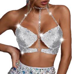 Flovel Damen Pailletten BH Top Glitzer Halfter Bikini Top Party Rave Oberteil Clubwear Feitival Kostüm von Flovel