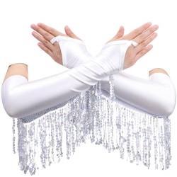 Flovel Glitzernde Pailletten-Handschuhe, Fransen, Fingerlose Handschuhe, Lange Metallische Handschuhe, Karneval, Rave-Party-Kostüm für Damen und Mädchen (Silber) von Flovel