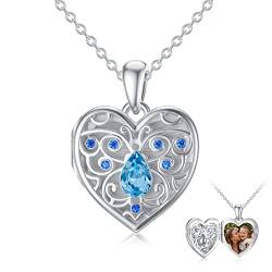 Flpruy Herz Medaillon Kette 925 Sterling Silber Schmetterling Kette mit Blaue Kristall Schmetterling Anhänger Kette Kristall Medaillon zum öffnen mit Foto Bilder Geschenk für Frauen Mädchen von Flpruy