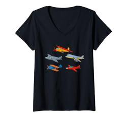 Damen Kinder Flugzeug Geburtstag Pilot T-Shirt mit V-Ausschnitt von Flugzeugpilot Geburtstagskleidung Kinder & Familie