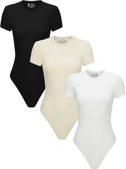 3 Stück Damen Rundhals Kurzarm T-Shirts Basic Tops Bodysuits Jumpsuit, Schwarz/Weiß/Khaki, M von Flutnel