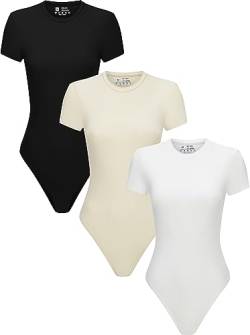 3 Stück Damen Rundhals Kurzarm T-Shirts Basic Tops Bodysuits Jumpsuit, Schwarz/Weiß/Khaki, S von Flutnel