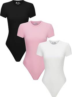 3-teiliges Damen-T-Shirt, Rundhalsausschnitt, kurzärmelig, Basic-Tops, Bodysuits, Jumpsuit, Schwarz/Pink/Weiß, S von Flutnel