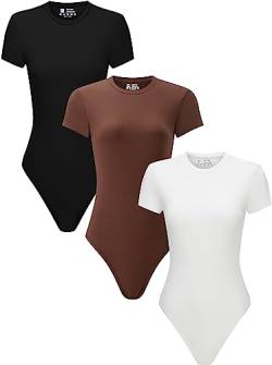 Flutnel 3 Stück Damen Rundhals Kurzarm T Shirts Basic Tops Bodys Overall, Schwarz/Weiß/Braun, M von Flutnel