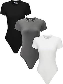 Flutnel 3 Stück Damen Rundhals Kurzarm T Shirts Basic Tops Bodys Overall, Schwarz/Weiß/Grau, S von Flutnel