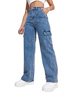 Damen Cargohose Hohe Taille Baggy Cargo Jeans Straight Leg Y2K Streetwear Hose 6 Taschen für Frauen Teenager Mädchen, Hell, blau, S von Flvsun