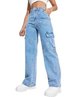 Damen Cargohose Hohe Taille Baggy Cargo Jeans Straight Leg Y2K Streetwear Hose 6 Taschen für Frauen Teenager Mädchen, Hellblau 02, M von Flvsun