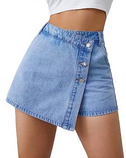 Flvsun Denim Shorts Frauen Casual Hohe Taille Solide Knopf Up Asymmetrische Denim Jeans Skort Rock Mini Shorts, Hell, blau, Groß von Flvsun