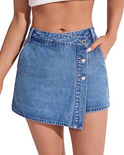 Flvsun Denim Shorts Frauen Casual Hohe Taille Solide Knopf Up Asymmetrische Denim Jeans Skort Rock Mini Shorts, Mittleres Blau, Groß von Flvsun