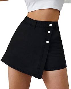 Flvsun Denim Shorts Frauen Casual Hohe Taille Solide Knopf Up Asymmetrische Denim Jeans Skort Rock Mini Shorts, Schwarz, Groß von Flvsun