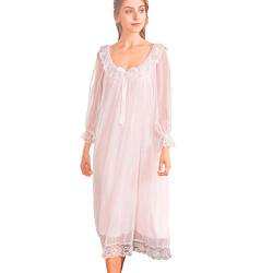 Flaydigo Damen Kleid Nachthemd Langarm Spitze Vintage Viktorianischen Stil Nachthemd Sweet Loose Comfort Langen Rock Nachtwäsche, M / Tag L, Rosa von Flwydran