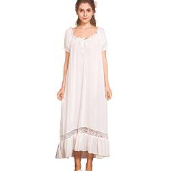 QLX Damen Nachthemd Baumwolle mit Spitze Dekoration Nachtkleid viktorianischer Stil Nachtwäsche, Weiß, L von Flwydran