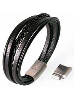 Fly Style Lederarmband Schwarz oder Braun mit Magnet Verschluss aus Edelstahl | Herren Armband geflochten | Länge 18-25 cm | Kunstleder vegan, Längen:ca. 22 bis 23 cm, Farbwahl:schwarz von Fly Style