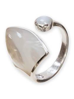 Fly Style Ring Silber 925 Damen, offener Ring größenverstellbar, 925 Silber Ring mit Stein oder Muschel Inlays, Farbwahl:helles Perlmutt von Fly Style