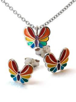 Fly Style Schmetterling Regenbogen Ohrringe und Halskette Silber 925 für Kinder - Mädchen Ohrringe/Damen - Ohrstecker und Halskettchen in Schmuckschachtel von Fly Style