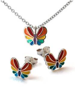 Fly Style Schmetterling Regenbogen Schmuckset Silber 925 für Kinder - Mädchen Ohrringe / Damen - Ohrstecker und Halskettchen im Samtsäckchen von Fly Style