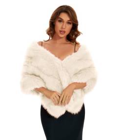 FlyGulls Luxus Kunstpelz Schal Weiß Pelz Mantel für Braut und Brautjungfern Winter Braut Pelz Cape Fancy Faux Pelz Wrap für Hochzeit Abend Party Kleider, weiß, One size von FlyGulls