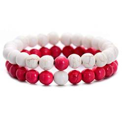 Flybloom 2 Stück Perlen-Armband für Damen und Herren, zweifarbig, Beziehungs-Distanz-Armband, Paare, passendes Armband (rot-weiß) von Flybloom