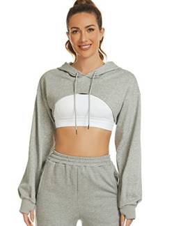 Flygo Crop Top Hoodies für Frauen Langarm Pullover Super Cropped Hoodie Sweatshirt Tops, 01 Grau, L von Flygo