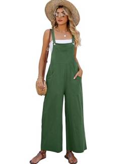 Flygo Damen Baumwolle Latzhose Loose Fit Weites Bein Jumpsuits Casual Strampler mit Taschen, Grün , Small von Flygo