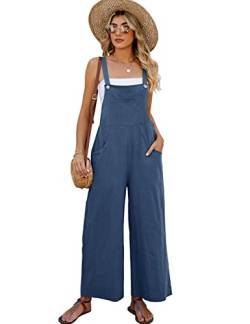 Flygo Damen Baumwolle Latzhose Loose Fit Weites Bein Jumpsuits Casual Strampler mit Taschen, blau, Large von Flygo