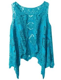 Flygo Damen Offene Vorderseite Baumwolle Häkelspitze Boho Hippie Schmetterling Weste Cardigan Coverup Ärmellos Unregelmäßiger Saum, Pfauenblau, Einheitsgröße von Flygo