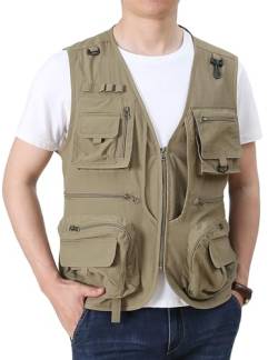 Flygo Herren-Cargo-Weste für Outdoor, Angeln, Safari, Reisen, Arbeit, Fotoweste mit Taschen, 02 Khaki, XL von Flygo