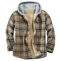 Flygo Herren Flanell Plaid Shirts Sherpa Gefüttert Fleece Jacke Casual Button Down Shacket Hoodie, khaki, XL von Flygo