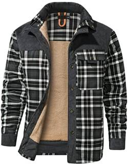 Flygo Herren Outdoor Casual Buck Camp Fleece Sherpa gefüttert Flanell Plaid Hemd Jacke, GRAU, 3X-Groß von Flygo