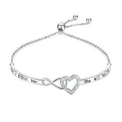 925 Sterling Silber Herz-Unendlichkeits-Armband für Frauen mit Gravur „Gott ist in ihr, sie wird nicht fallen“, verstellbare Armbänder für Tochter, Freundin, Ehefrau, Valentinstagsgeschenke von Flyow