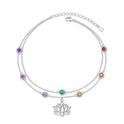 Flyow Lotus Chakra Fußkettchen Sterling Silber Mehrfarbige Zirkonia Geschichtet Fußkettchen für Frauen Verstellbare Mehrschichtige Strand Knöchel Armband Schmuck Geschenk für Den Sommertag von Flyow