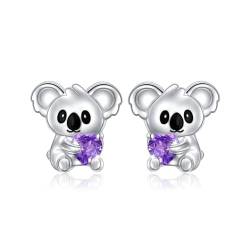 Koala Ohrstecker 925 Sterling Silber Tier Ohrringe Niedliche Koala Hält Herz Violetter Zirkonia Ohrstecker Koala Bär Schmuck Geschenke für Frauen Mädchen von Flyow