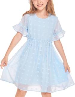 Flypigs Kleid Mädchen Casual Lose Niedlich Elegant Prinzessin Kleid für Mädchen Knielang Chiffon Dresses Sommerkleid Freizeitkleid Kinder Hellblau 158/164 von Flypigs