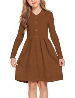 Flypigs Mädchen Freizeit Kleid Herbst Winter Kleid Langarm Strickkleid Einfarbig Skaterkleid Festlich Elegant Freizeitkleid, Braun, 7-8 Jahre, 128 134 von Flypigs