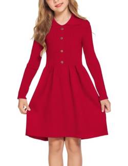 Flypigs Mädchen Kleid Festliches Kinder Winter Kleid Langarm Strickkleid Einfarbig Skaterkleid Elegant Freizeitkleid Weihnachtskleid Rot, 11-12 Jahre, 146 152 von Flypigs