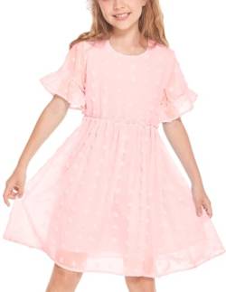 Flypigs Prinzessin Kleid für Mädchen Casual Strandkleid Niedlich Elegant Sommerkleid Kinder Knielang Chiffon kurzarmarm Kleider Mädchen Rosa 146/152/158 von Flypigs