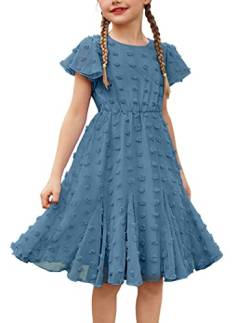 Flypigs Sommerkleid Mädchen A-Linie Elegant Casual Lose Chiffon Strandkleid Prinzessin Kleid Sommer Kurzarm Navy Blau 128/134 von Flypigs