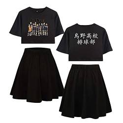 Flyself Damen Anime Haikyuu T-Shirts und Rock Set Karasuno High School Cosplay Kurzarm T-Shirt & Kurze Rock 2 Stücke Hinata Shoyo Tobio Kageyama von Flyself