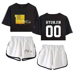 Flyself Damen Kpop Stray Kids T-Shirts & Kurze Hose Set Sport Sommer Crop Tops Anzug Frauen Bauchfrei Bang Chan Changbin Hyunjin Jisung Minho Woojin von Flyself