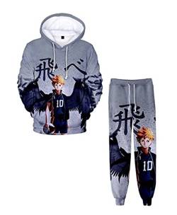 Flyself Jungen Haikyuu Hoodie und Hose Karasuno High School Hinata Shoyo Kostüm Kageyama Cosplay Kostüm 3D Anime Pullover Sweatshirt + Jogginghose Suit Trainingsanzug Sportbekleidung von Flyself