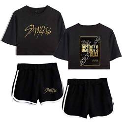 Flyself Unisex Kpop Stray Kids T-Shirts & Kurze Hose Set Sport Sommer Crop Tops Anzug Frauen Bauchfrei Bang Chan Changbin Hyunjin Jisung Minho Woojin von Flyself
